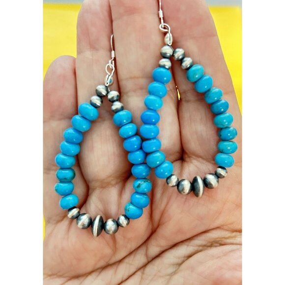 Sleeping Beauty Turquoise Teardrop Earrings w/ 9 Silver Navajo Pearls Great Gift - Picture 5 of 5